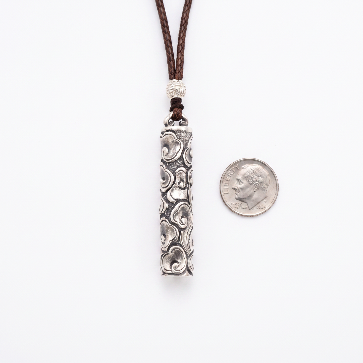 Auspicious Cloud 999.9 Pure Silver Pillar Pendant Braided Cord Necklace