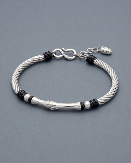 9999 Fine Silver Bamboo Bracelet with Black Cord Accents