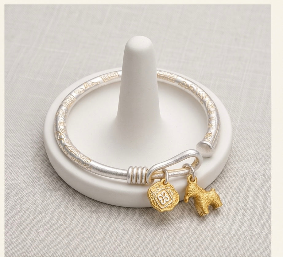 Two-Tone Silver Cuff Bracelet with Gold Horse