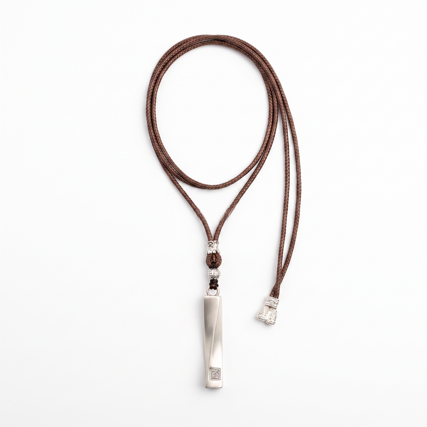 Twisted Bar 999.9 Pure Silver Pendant Wax Cord Necklace