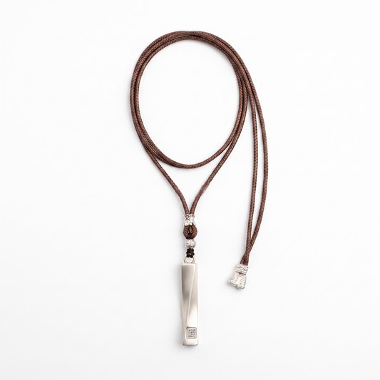Twisted Bar 999.9 Pure Silver Pendant Wax Cord Necklace