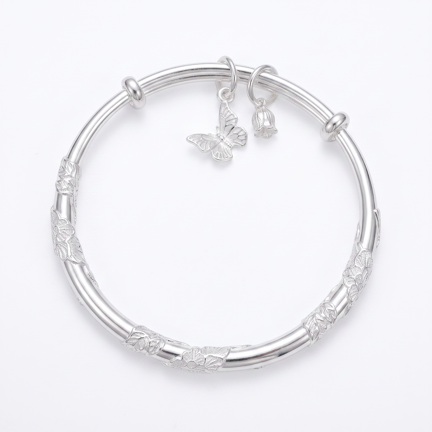 Butterfly & Tulip 999.9 Pure Silver Adjustable Bangle