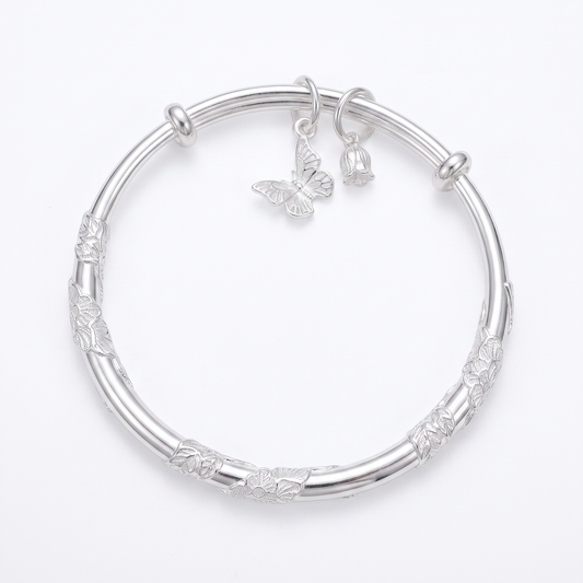 Butterfly & Tulip 999.9 Pure Silver Adjustable Bangle