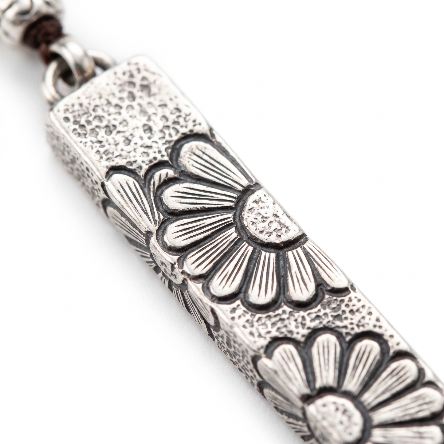 Chrysanthemum Silver Bar Pendant Rope Cord Necklace