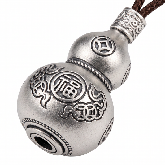 Fortune Gourd 999.9 Pure Silver Hulu Pendant Braided Cord Necklace