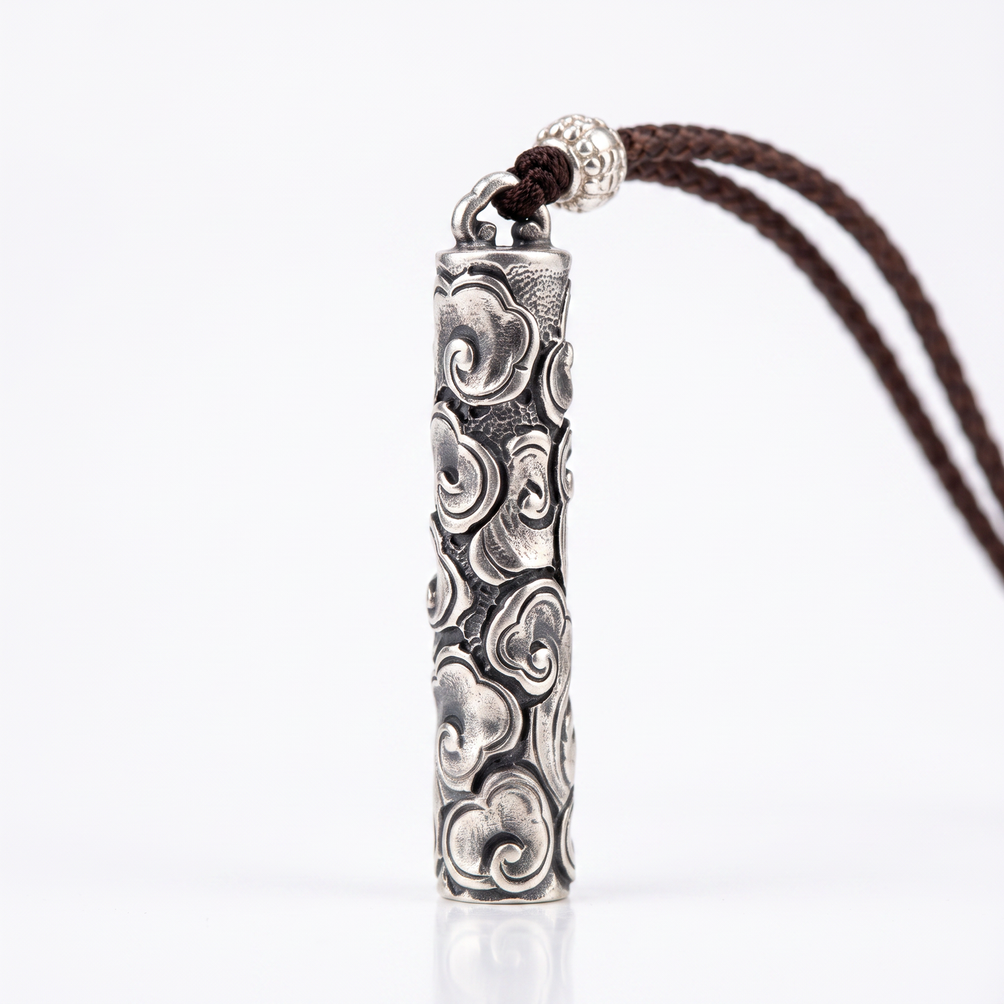 Auspicious Cloud 999.9 Pure Silver Pillar Pendant Braided Cord Necklace