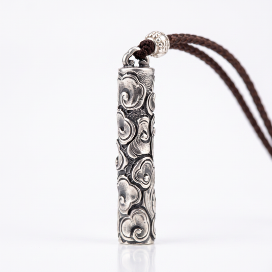 Auspicious Cloud 999.9 Pure Silver Pillar Pendant Braided Cord Necklace