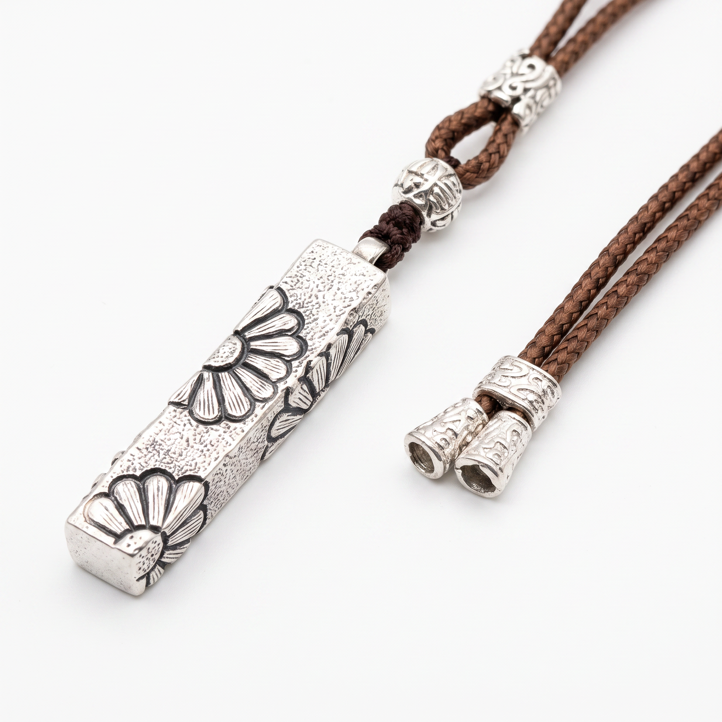 Chrysanthemum Silver Bar Pendant Rope Cord Necklace