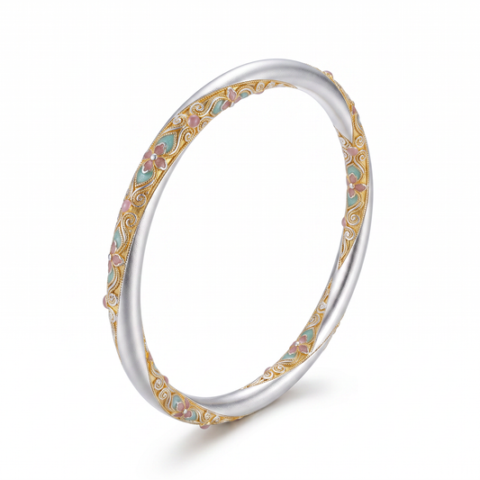 Floral Cloisonné 999.9 Pure Silver Bangle