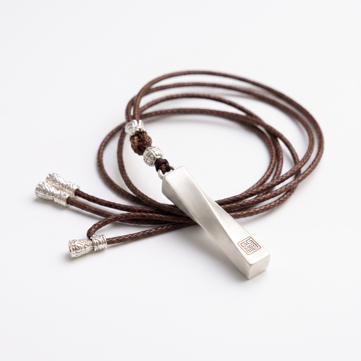 Twisted Bar 999.9 Pure Silver Pendant Wax Cord Necklace
