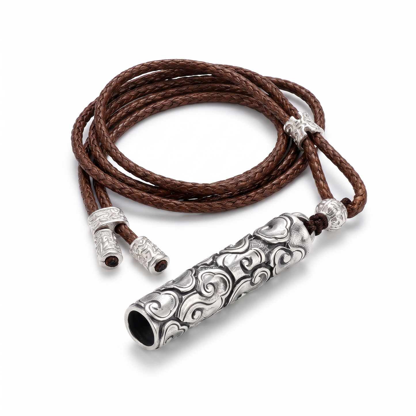 Auspicious Cloud 999.9 Pure Silver Pillar Pendant Braided Cord Necklace