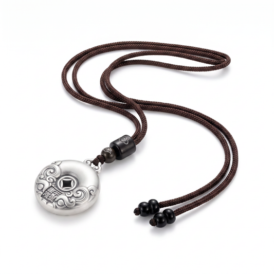Ancient Coin 999.9 Pure Silver Auspicious Cloud Pendant Braided Cord Necklace