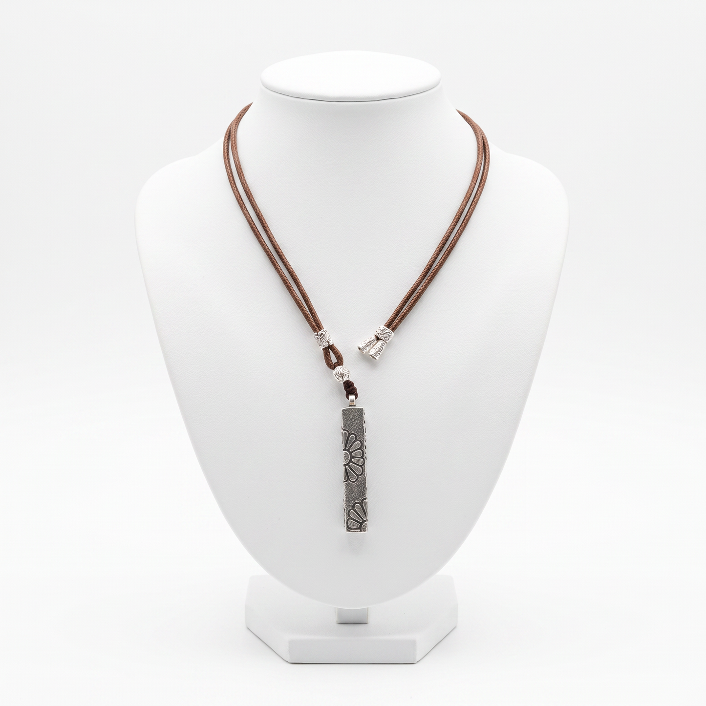 Chrysanthemum Silver Bar Pendant Rope Cord Necklace