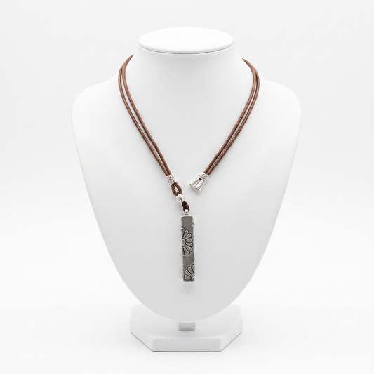 Chrysanthemum Silver Bar Pendant Rope Cord Necklace