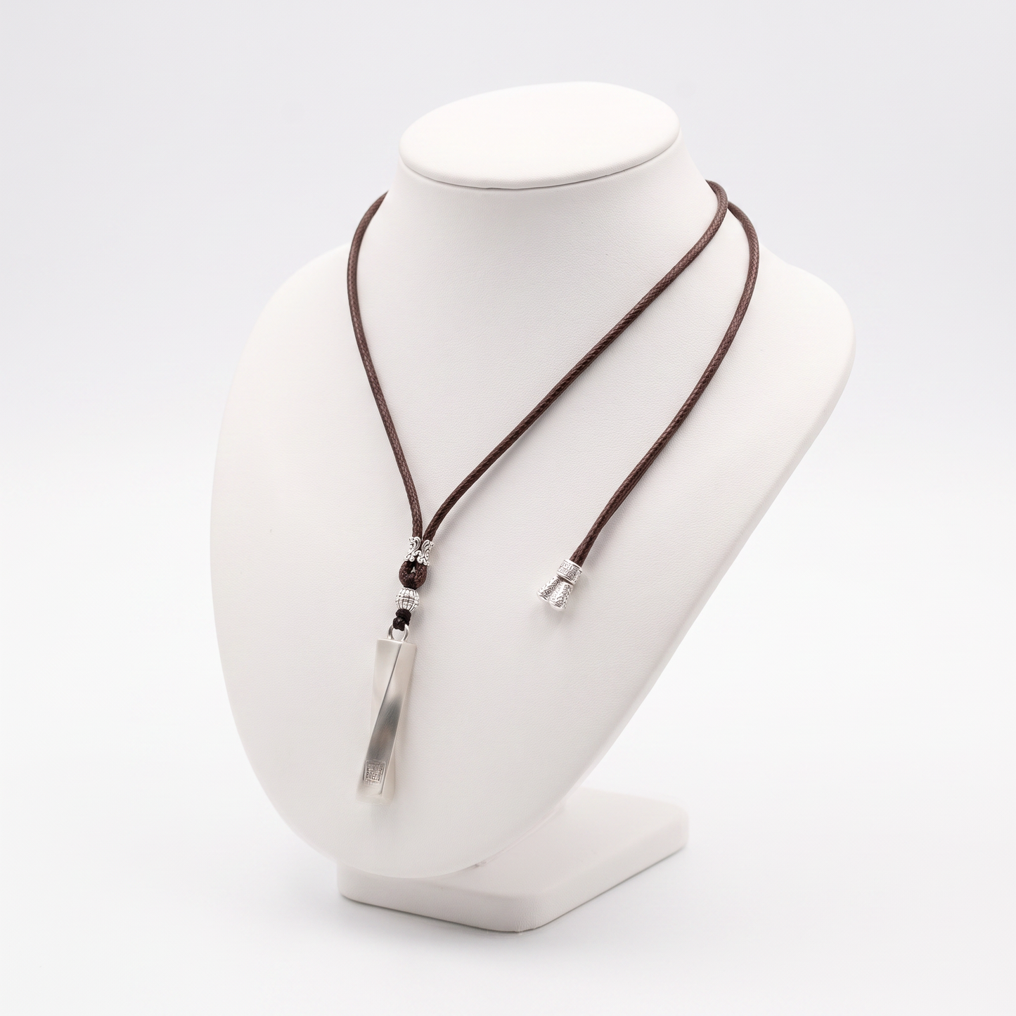Twisted Bar 999.9 Pure Silver Pendant Wax Cord Necklace