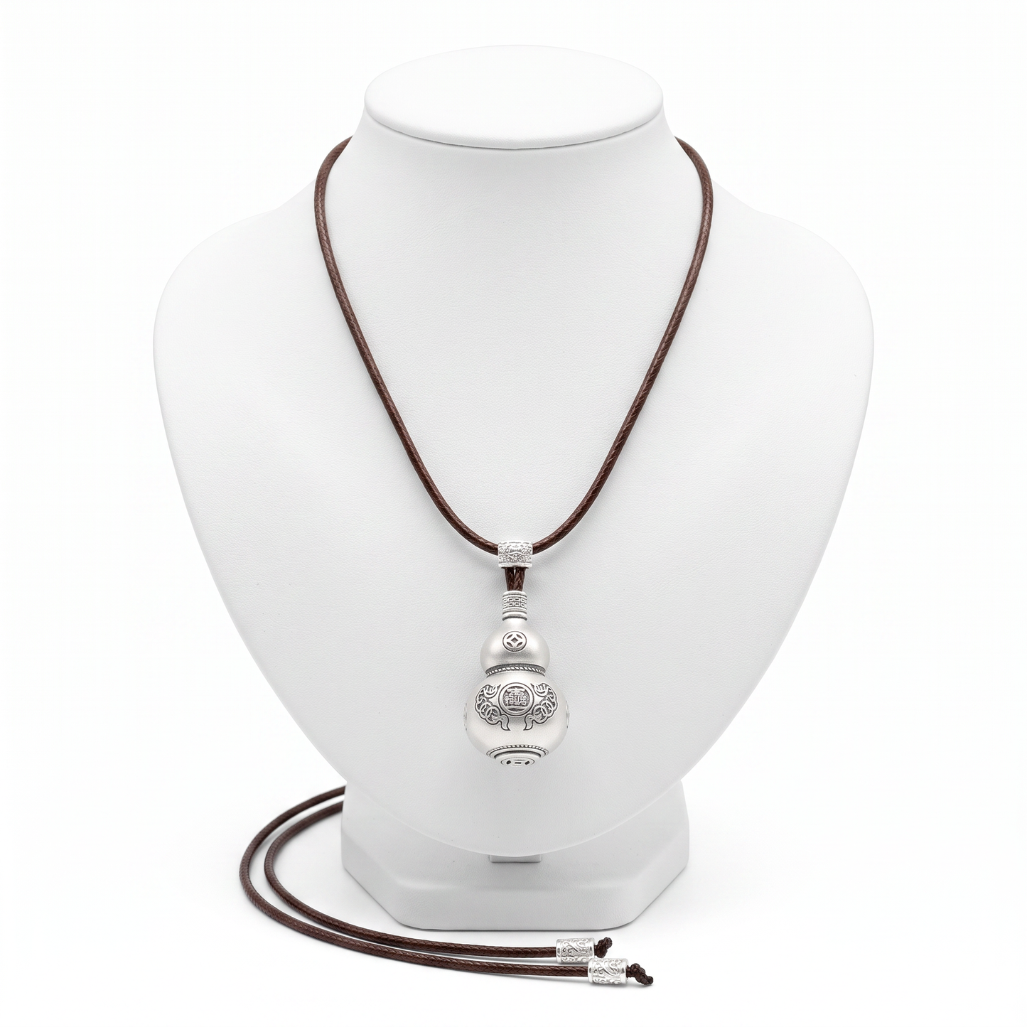 Fortune Gourd 999.9 Pure Silver Hulu Pendant Braided Cord Necklace