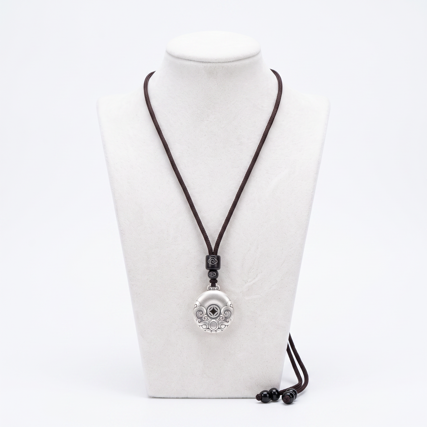 Ancient Coin 999.9 Pure Silver Auspicious Cloud Pendant Braided Cord Necklace