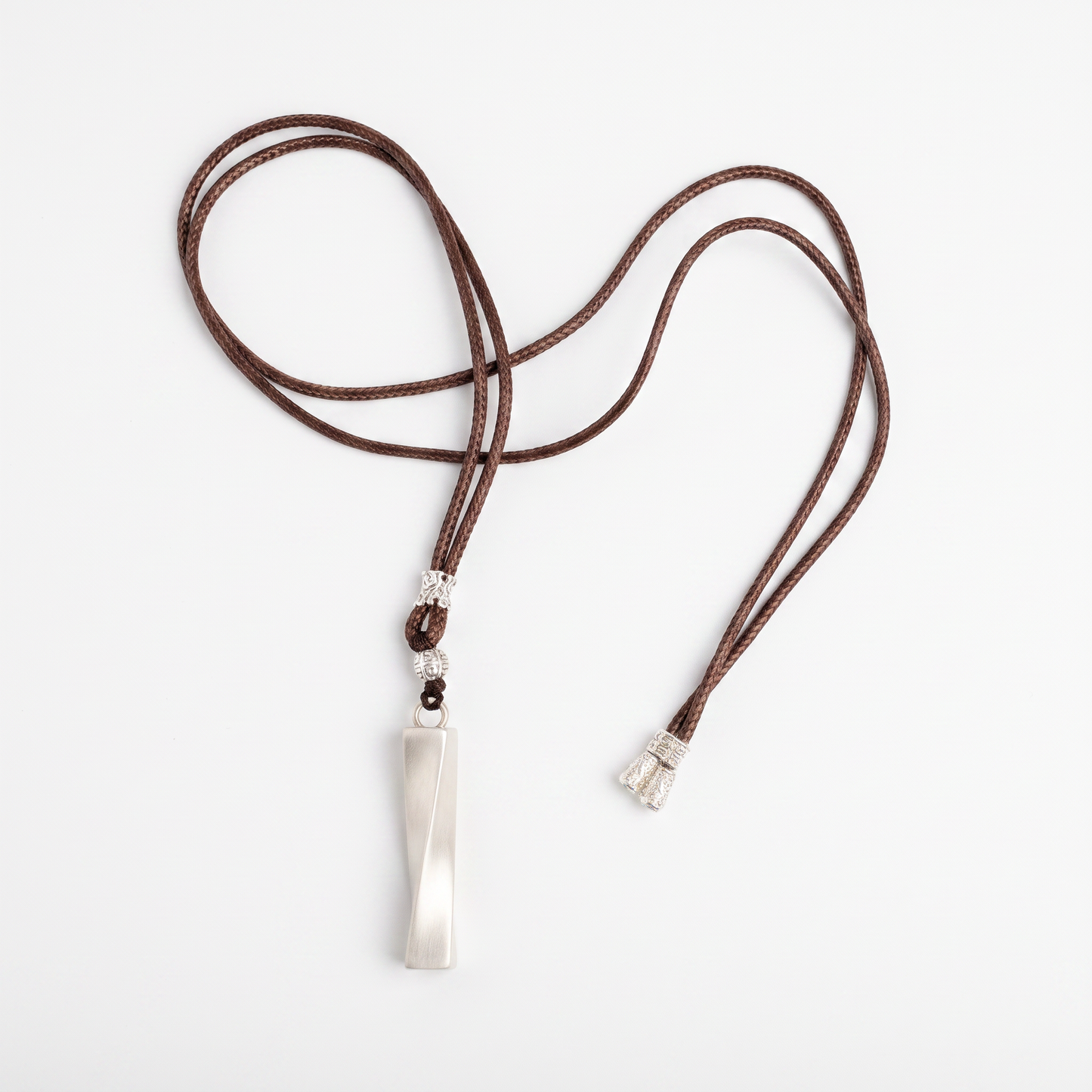 Twisted Bar 999.9 Pure Silver Pendant Wax Cord Necklace
