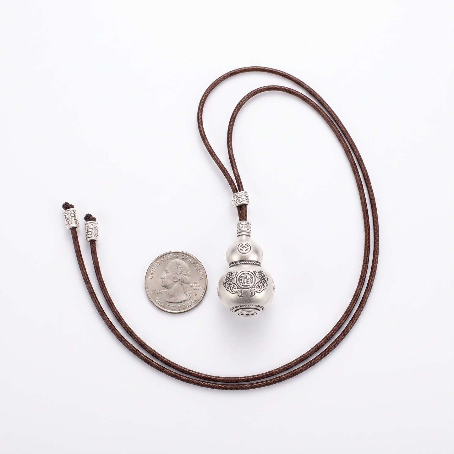 Fortune Gourd 999.9 Pure Silver Hulu Pendant Braided Cord Necklace