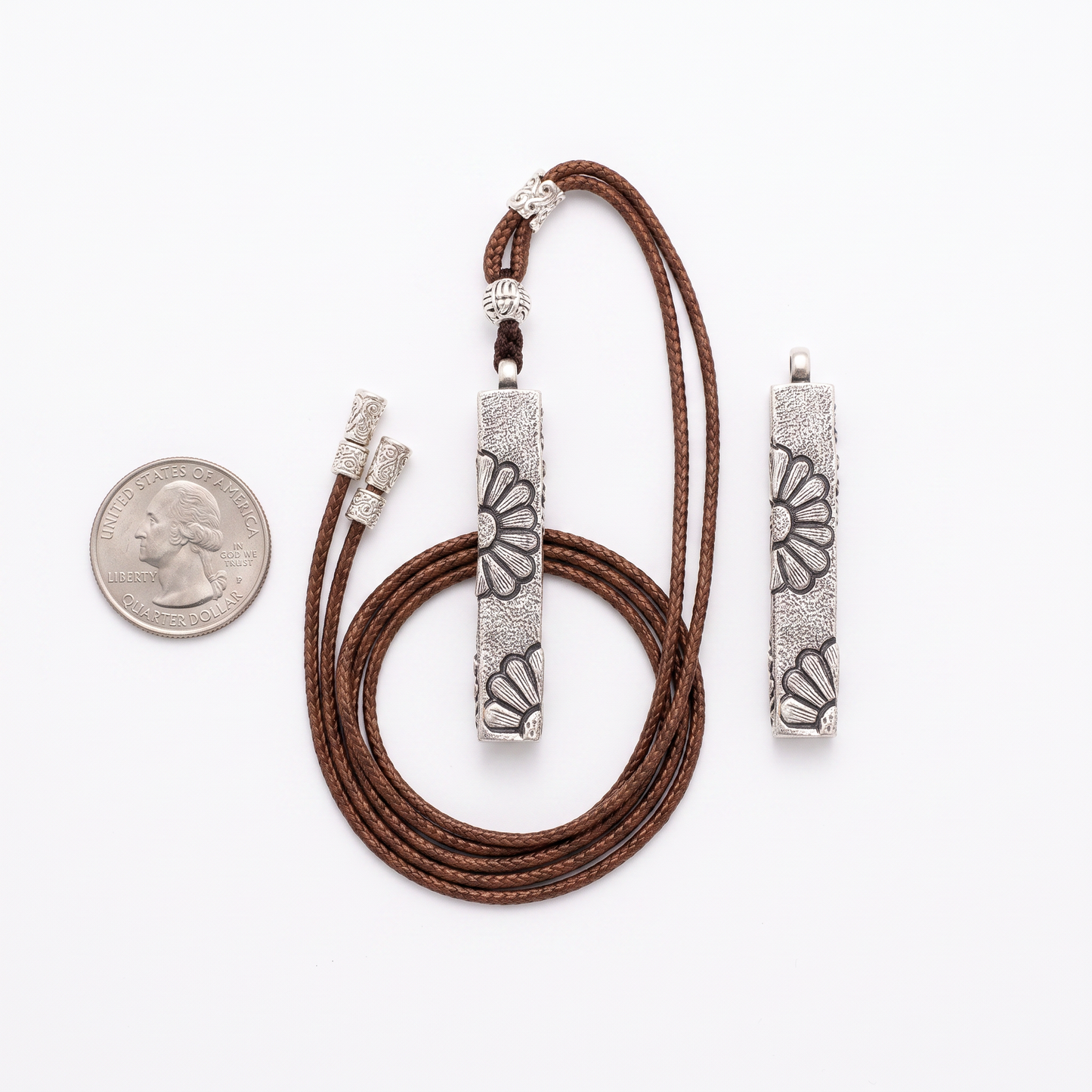 Chrysanthemum Silver Bar Pendant Rope Cord Necklace