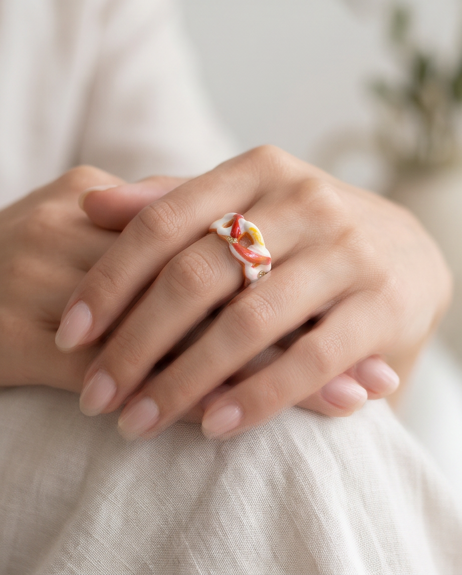 Red and orange ceramic ring with gold flakes