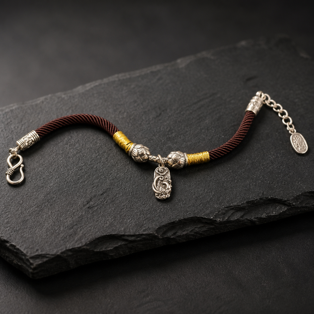 Lotus & Fortune Fish 999.9 Pure Silver Charm Bracelet Twisted Cord