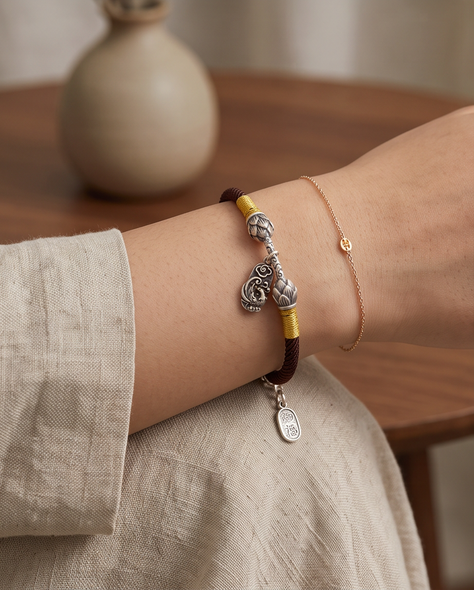 Lotus & Fortune Fish 999.9 Pure Silver Charm Bracelet Twisted Cord
