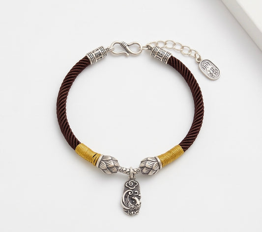 Lotus & Fortune Fish 999.9 Pure Silver Charm Bracelet Twisted Cord