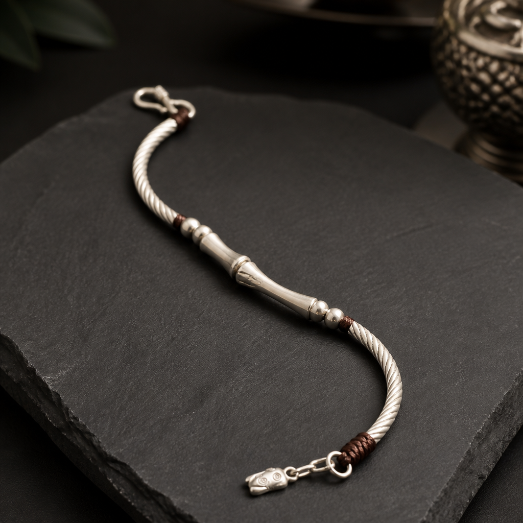 9999 Fine Silver Bamboo Bracelet with Braided Cord