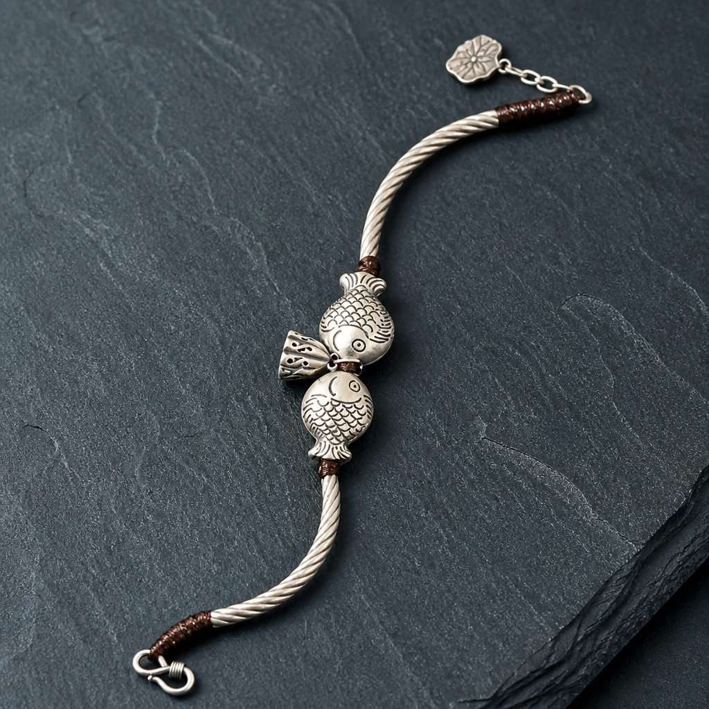 9999 Fine Silver Twin Fish & Lotus Pod Bracelet