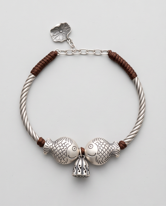9999 Fine Silver Twin Fish & Lotus Pod Bracelet