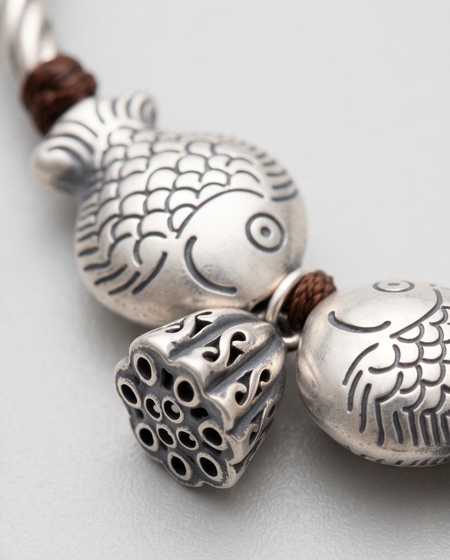 9999 Fine Silver Twin Fish & Lotus Pod Bracelet