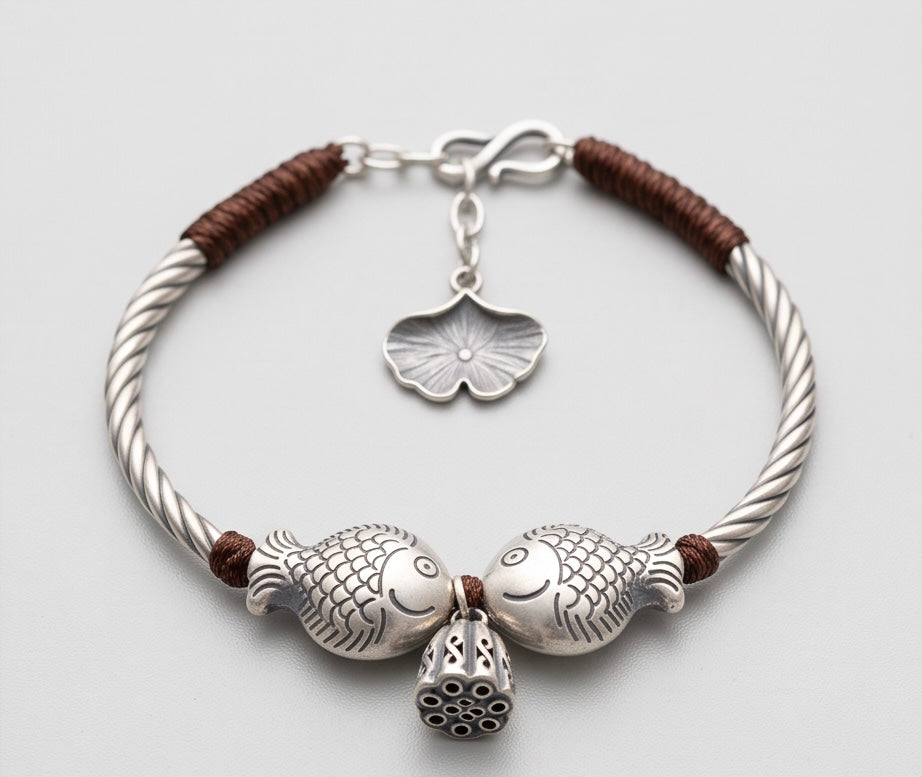 9999 Fine Silver Twin Fish & Lotus Pod Bracelet