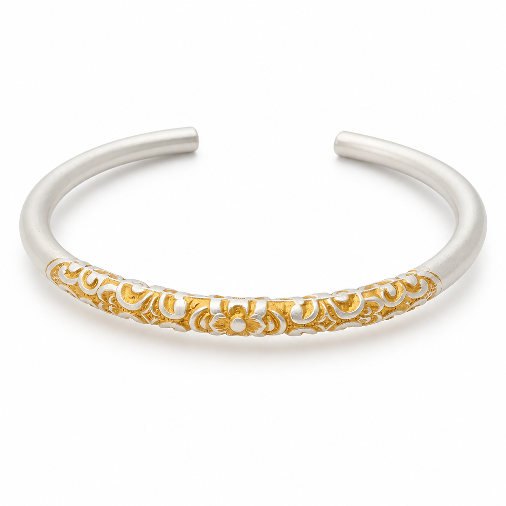 .9999 Two-Tone Gold Vermeil & Silver Floral Cuff Bracelet