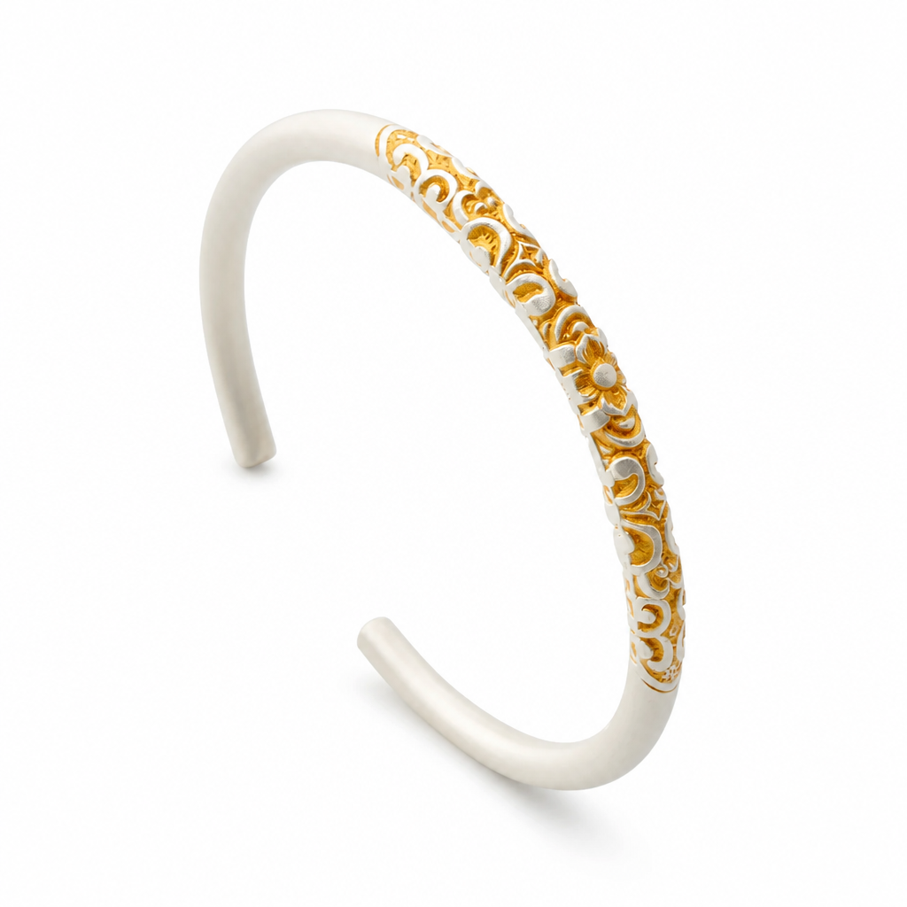 .9999 Two-Tone Gold Vermeil & Silver Floral Cuff Bracelet