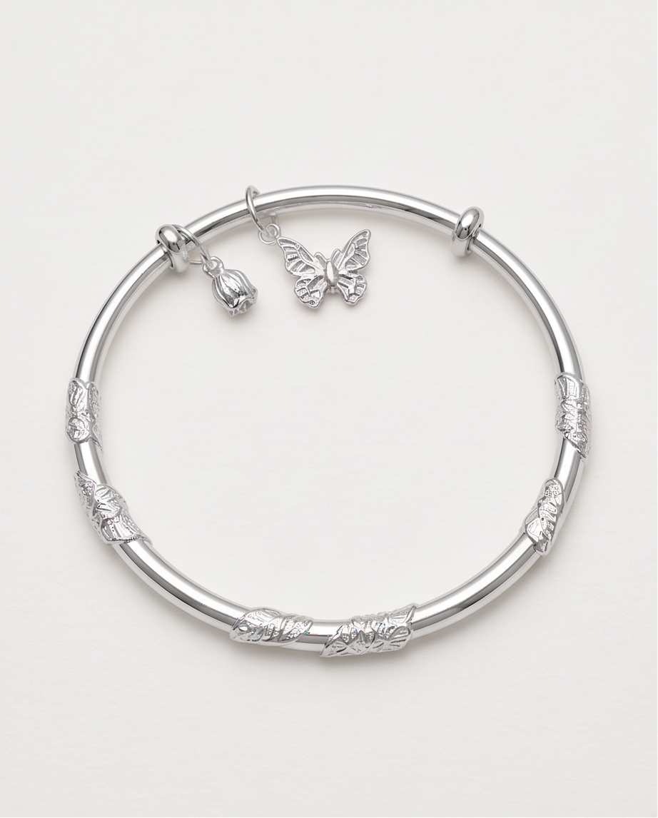 Butterfly & Tulip 999.9 Pure Silver Adjustable Bangle