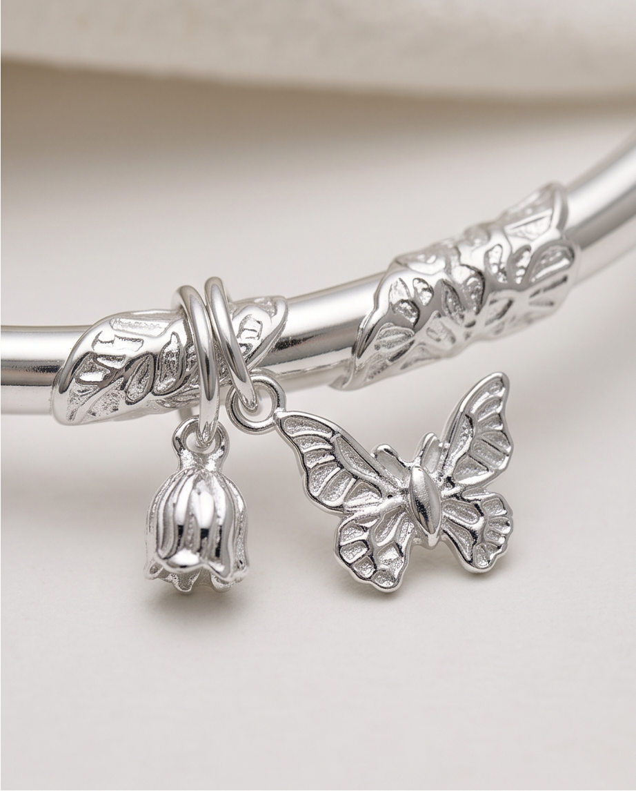 Butterfly & Tulip 999.9 Pure Silver Adjustable Bangle