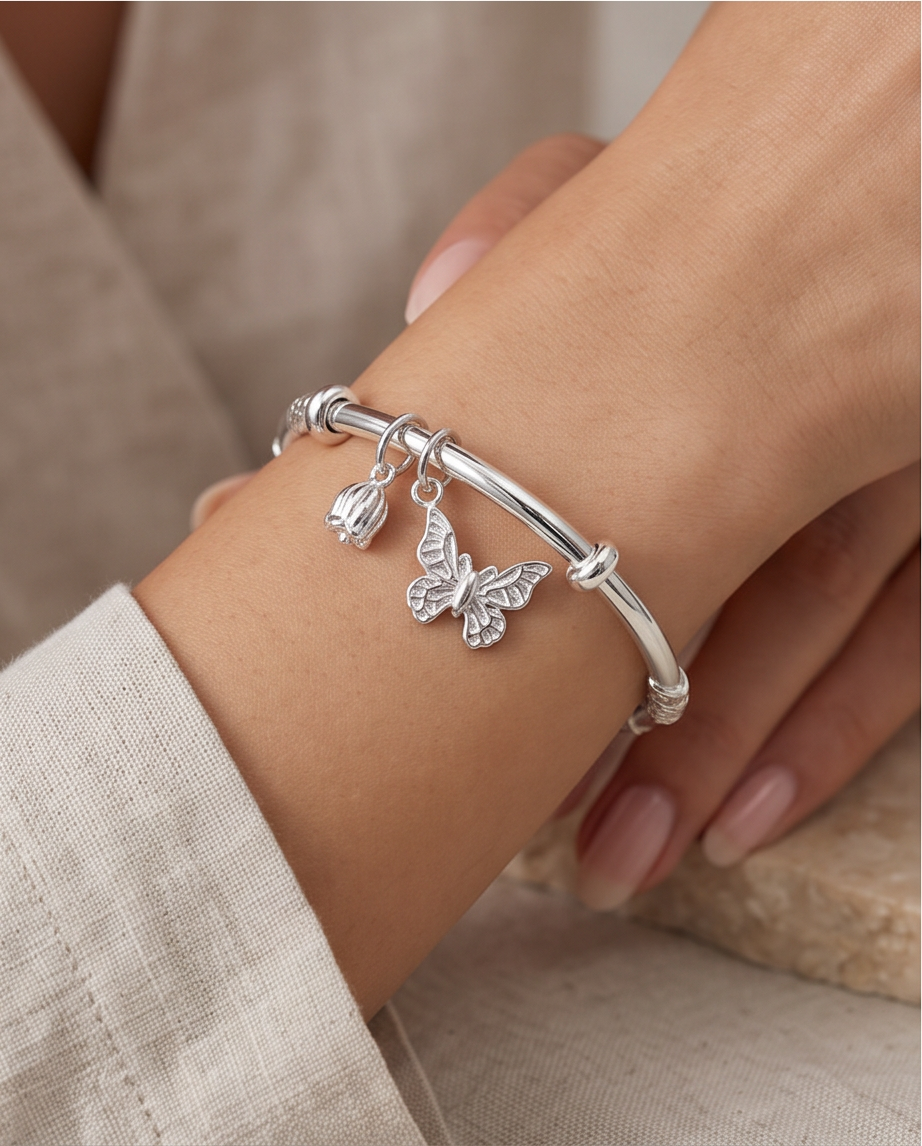 Butterfly & Tulip 999.9 Pure Silver Adjustable Bangle