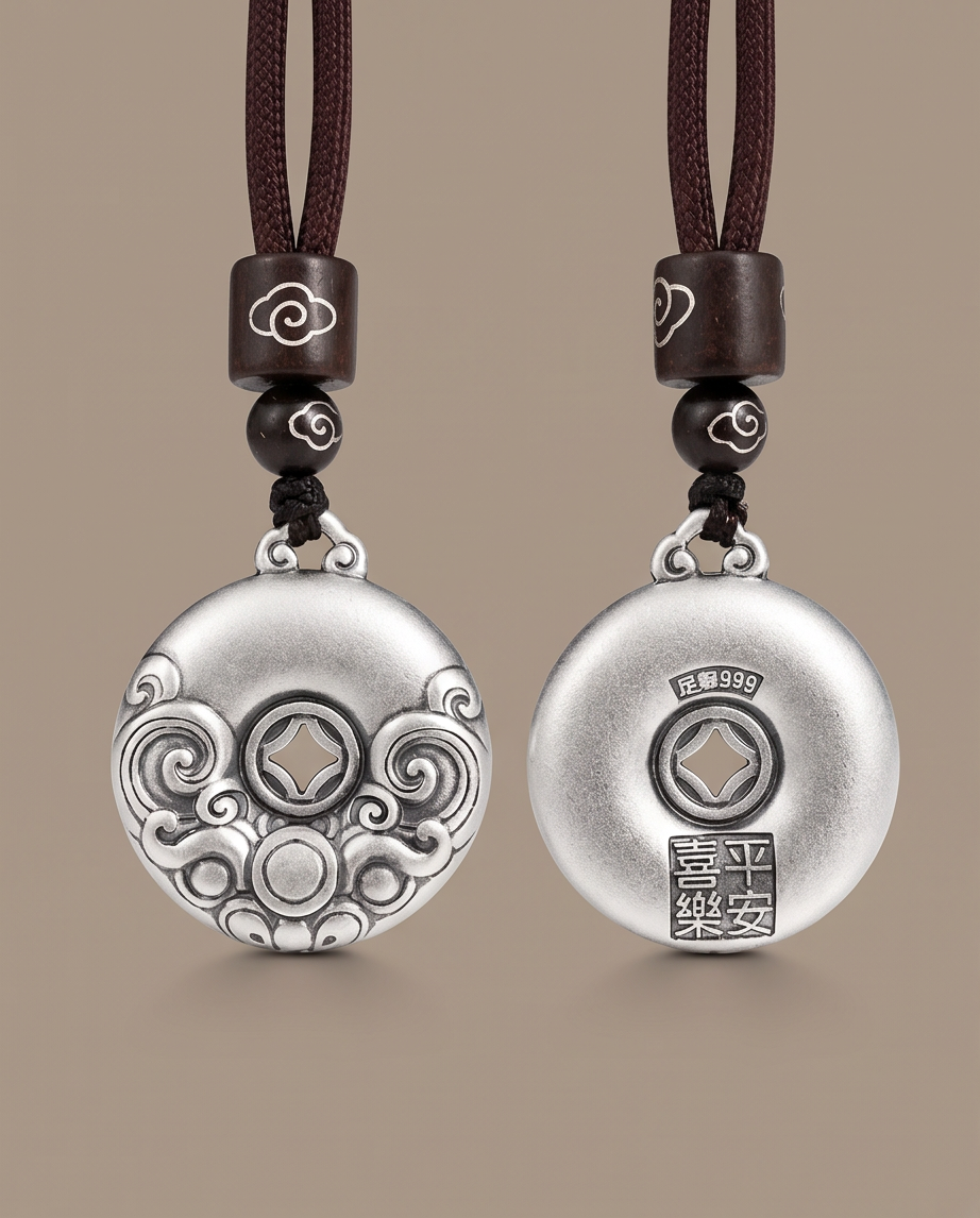 Ancient Coin 999.9 Pure Silver Auspicious Cloud Pendant Braided Cord Necklace
