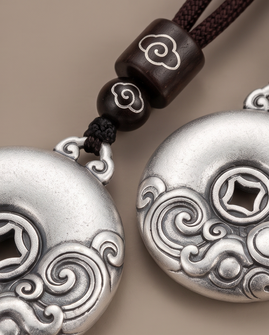 Ancient Coin 999.9 Pure Silver Auspicious Cloud Pendant Braided Cord Necklace
