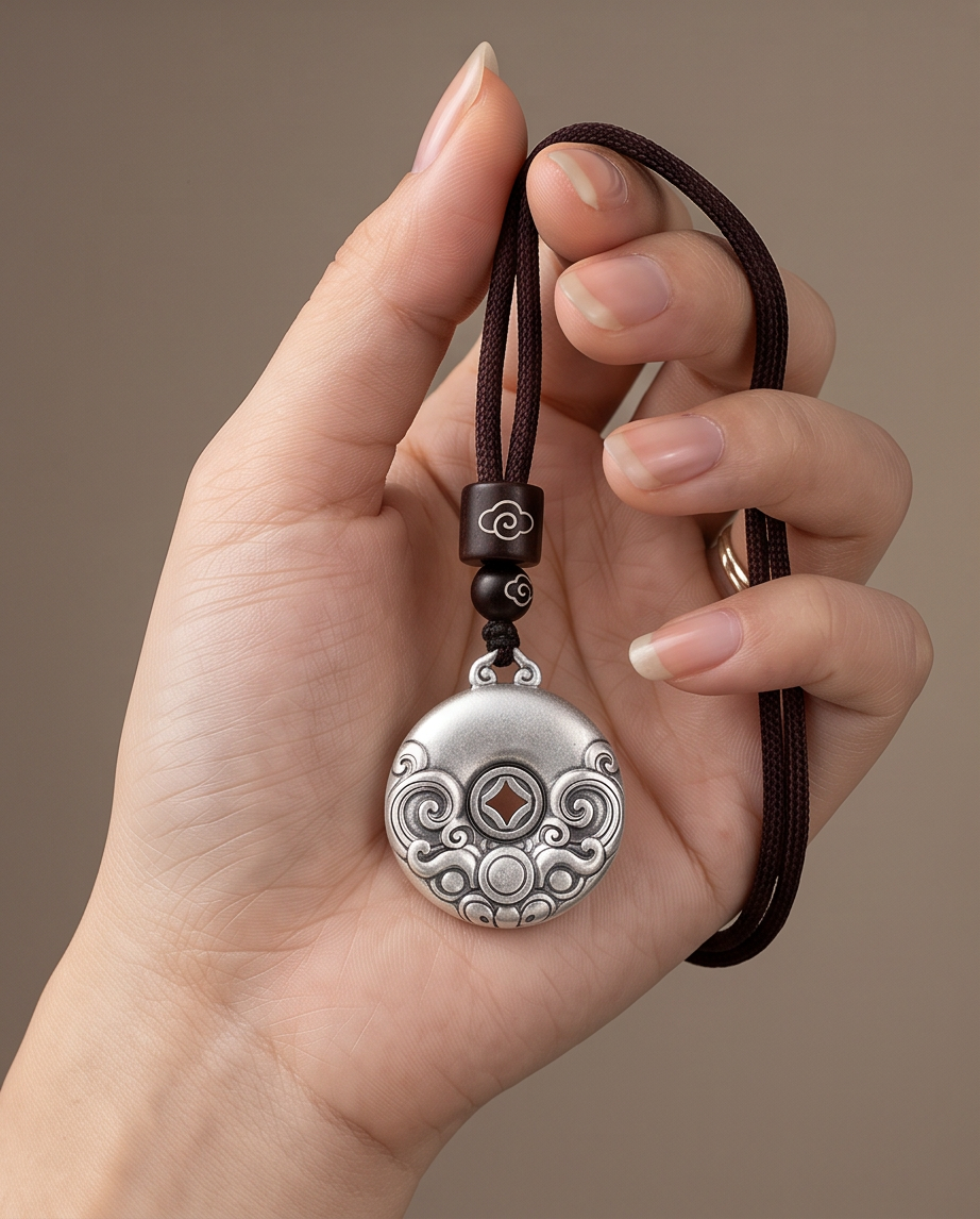 Ancient Coin 999.9 Pure Silver Auspicious Cloud Pendant Braided Cord Necklace