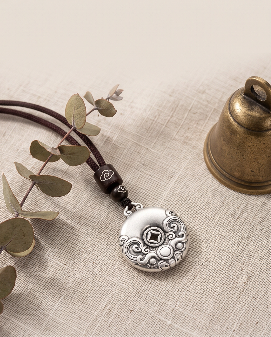 Ancient Coin 999.9 Pure Silver Auspicious Cloud Pendant Braided Cord Necklace