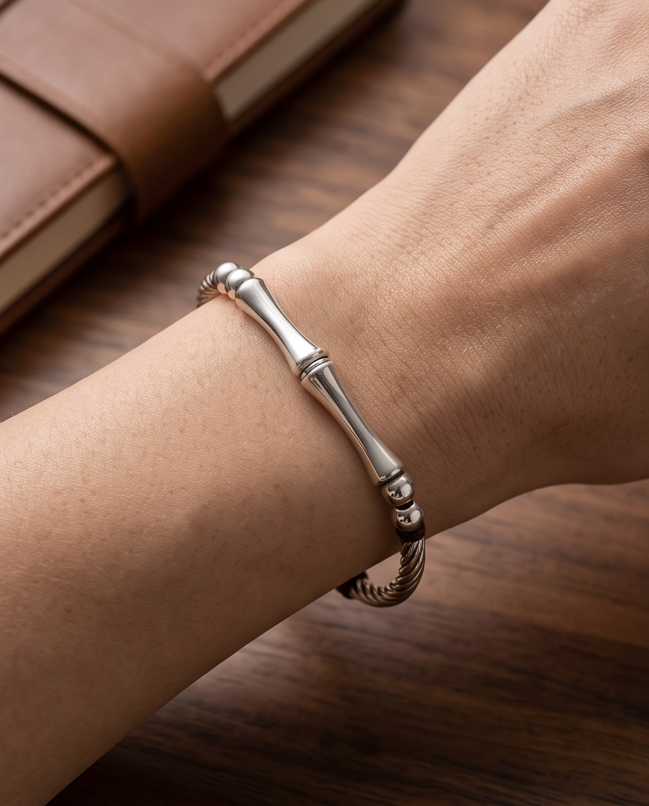 9999 Fine Silver Bamboo Bracelet with Braided Cord