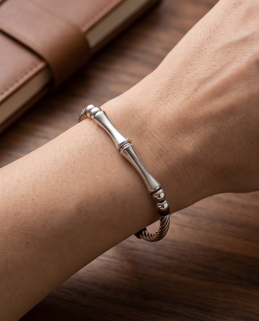 9999 Fine Silver Bamboo Bracelet with Braided Cord