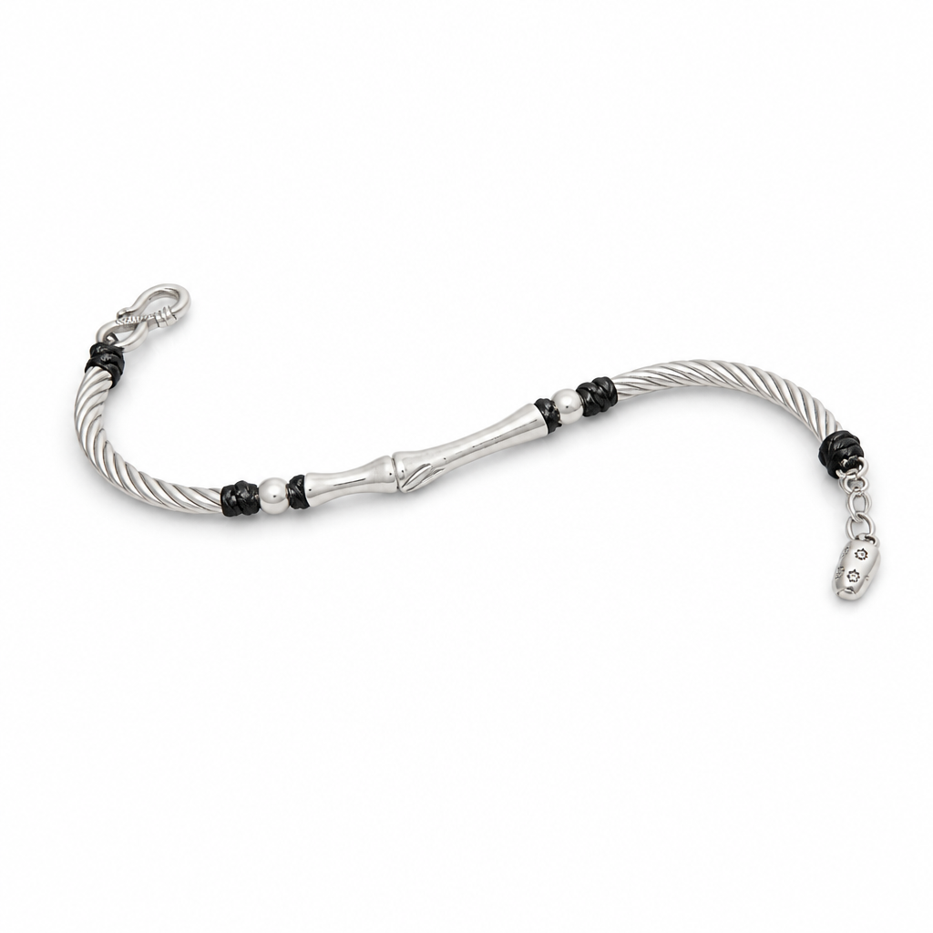 9999 Fine Silver Bamboo Bracelet with Black Cord Accents