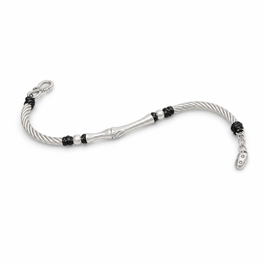 9999 Fine Silver Bamboo Bracelet with Black Cord Accents