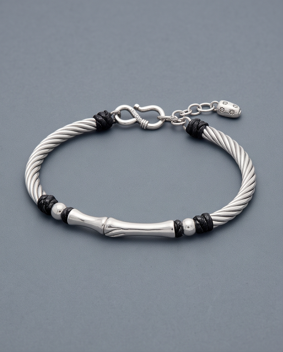 9999 Fine Silver Bamboo Bracelet with Black Cord Accents