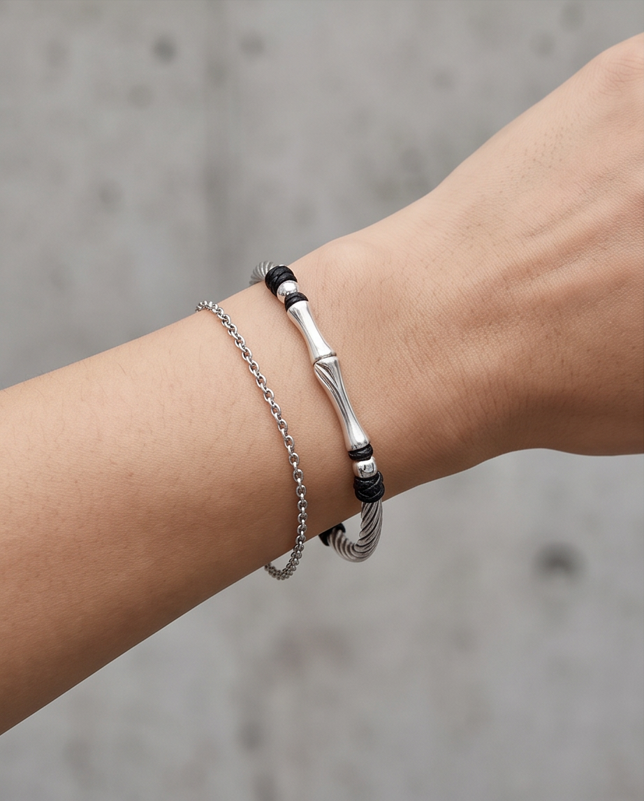 9999 Fine Silver Bamboo Bracelet with Black Cord Accents