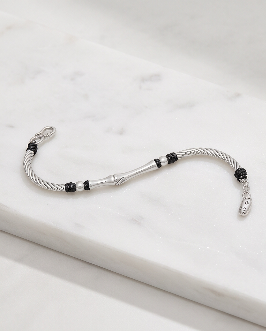 9999 Fine Silver Bamboo Bracelet with Black Cord Accents