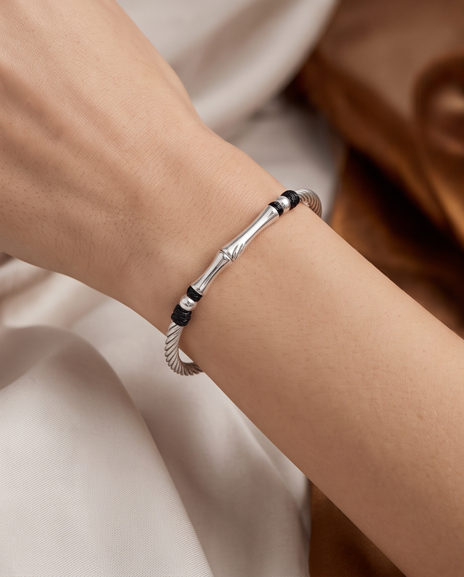 9999 Fine Silver Bamboo Bracelet with Black Cord Accents